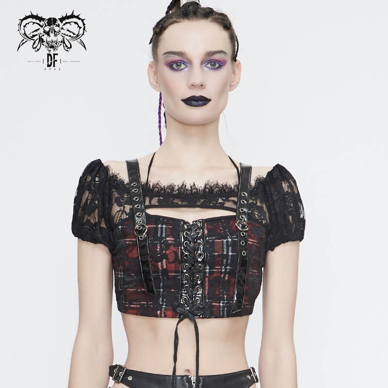 Gothic Women's Black & Red Plaid Crop Top / Stylish Lace Floral Pattern Short Sleeve Tops
