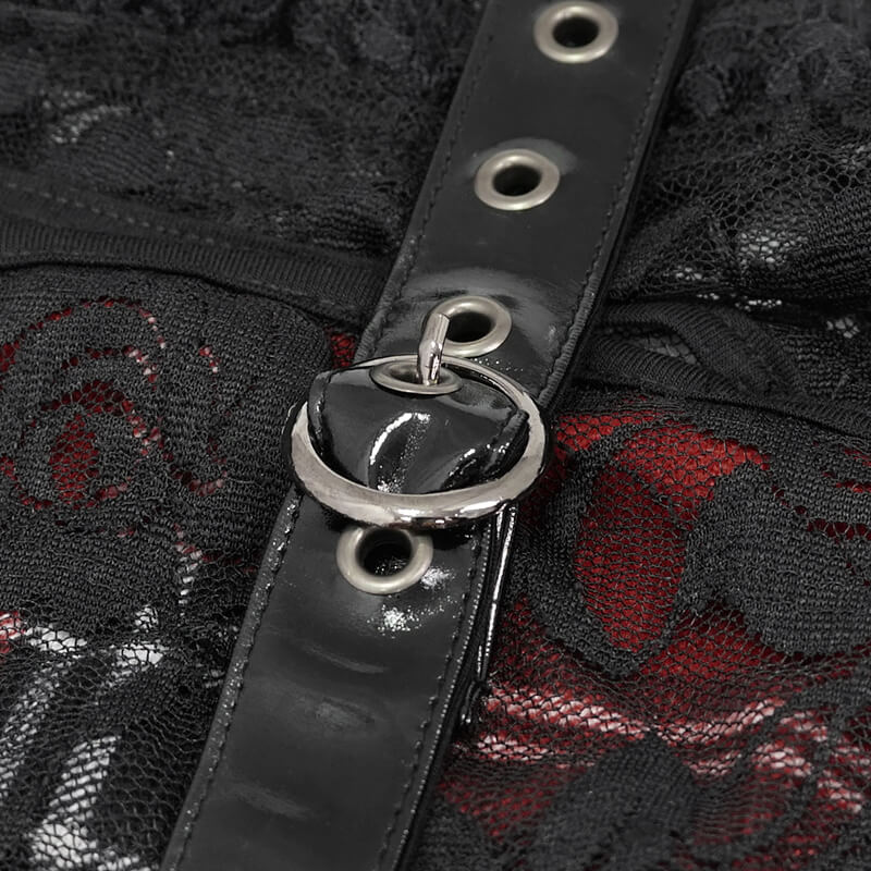 Gothic Women's Black & Red Plaid Crop Top / Stylish Lace Floral Pattern Short Sleeve Tops