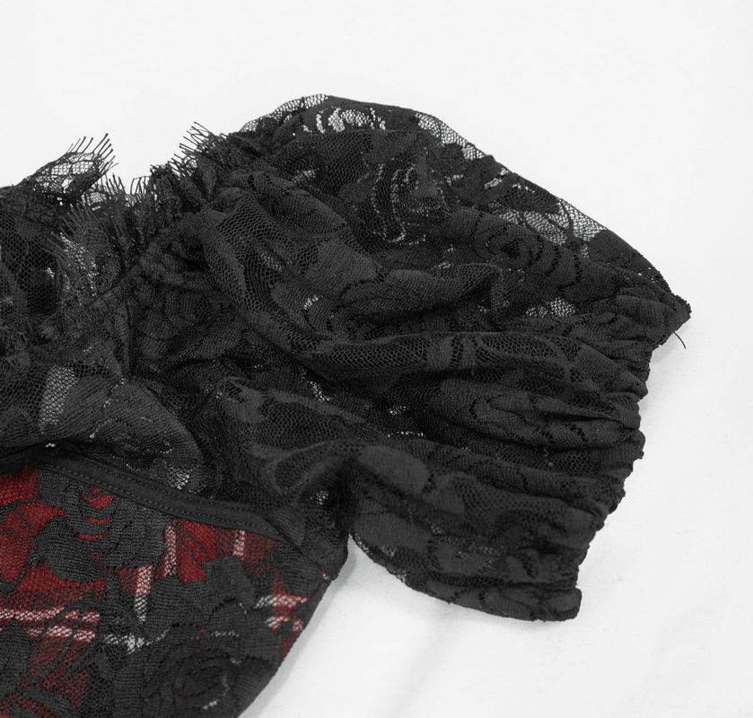 Gothic Women's Black & Red Plaid Crop Top / Stylish Lace Floral Pattern Short Sleeve Tops