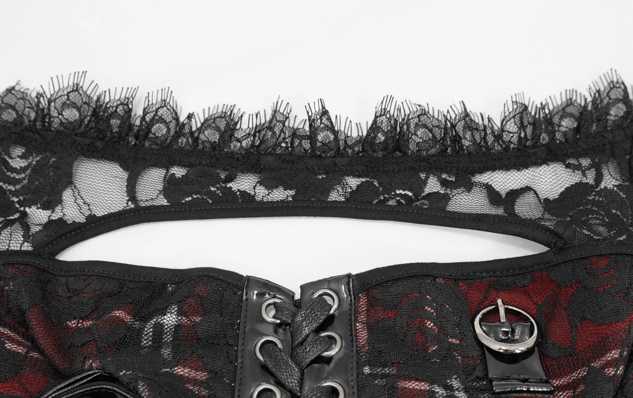 Gothic Women's Black & Red Plaid Crop Top / Stylish Lace Floral Pattern Short Sleeve Tops