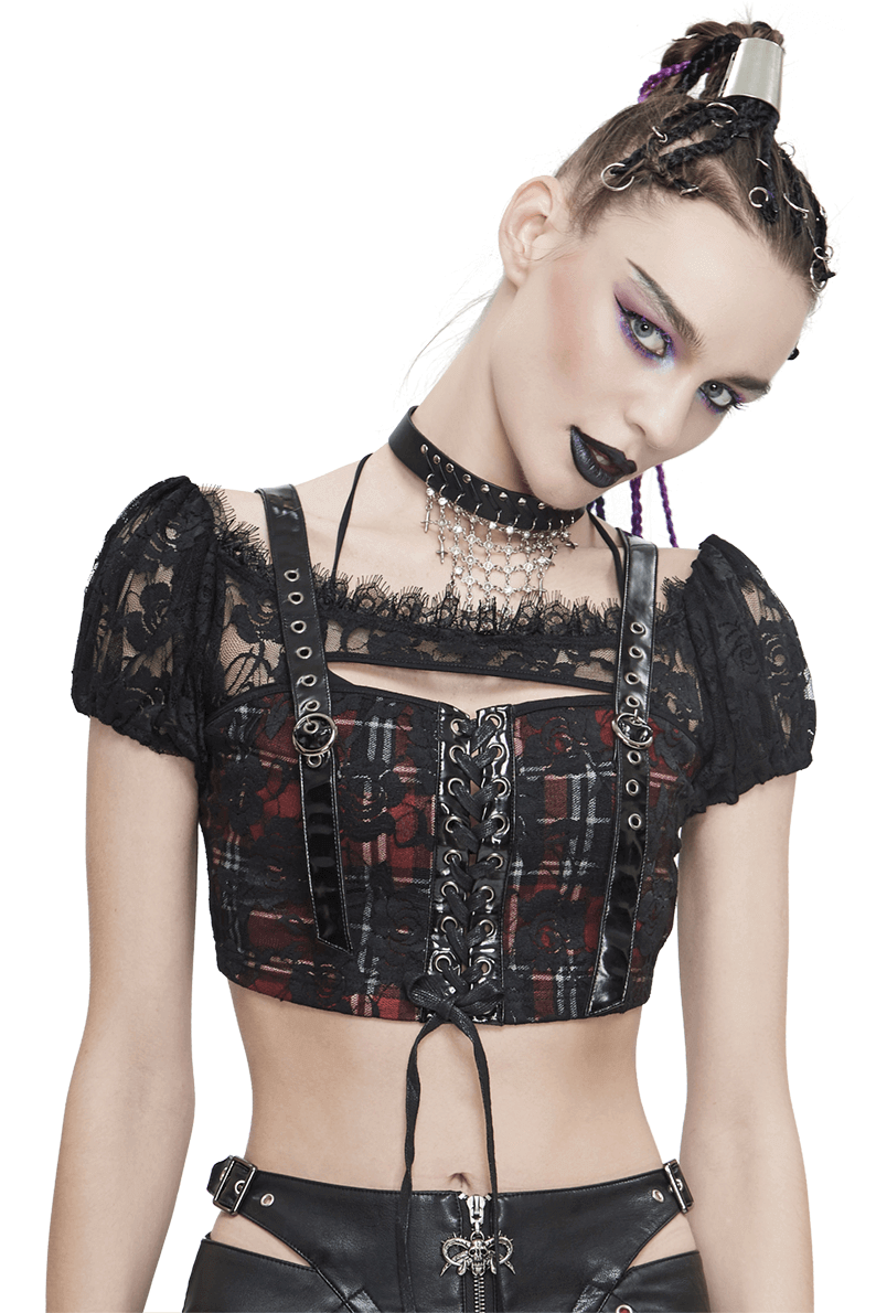 Gothic Women's Black & Red Plaid Crop Top / Stylish Lace Floral Pattern Short Sleeve Tops