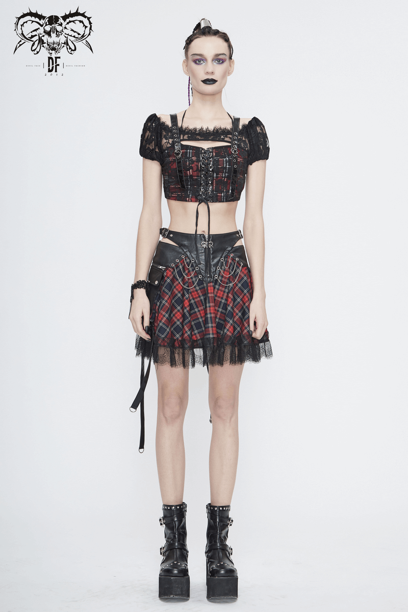 Gothic Women's Black & Red Plaid Crop Top / Stylish Lace Floral Pattern Short Sleeve Tops