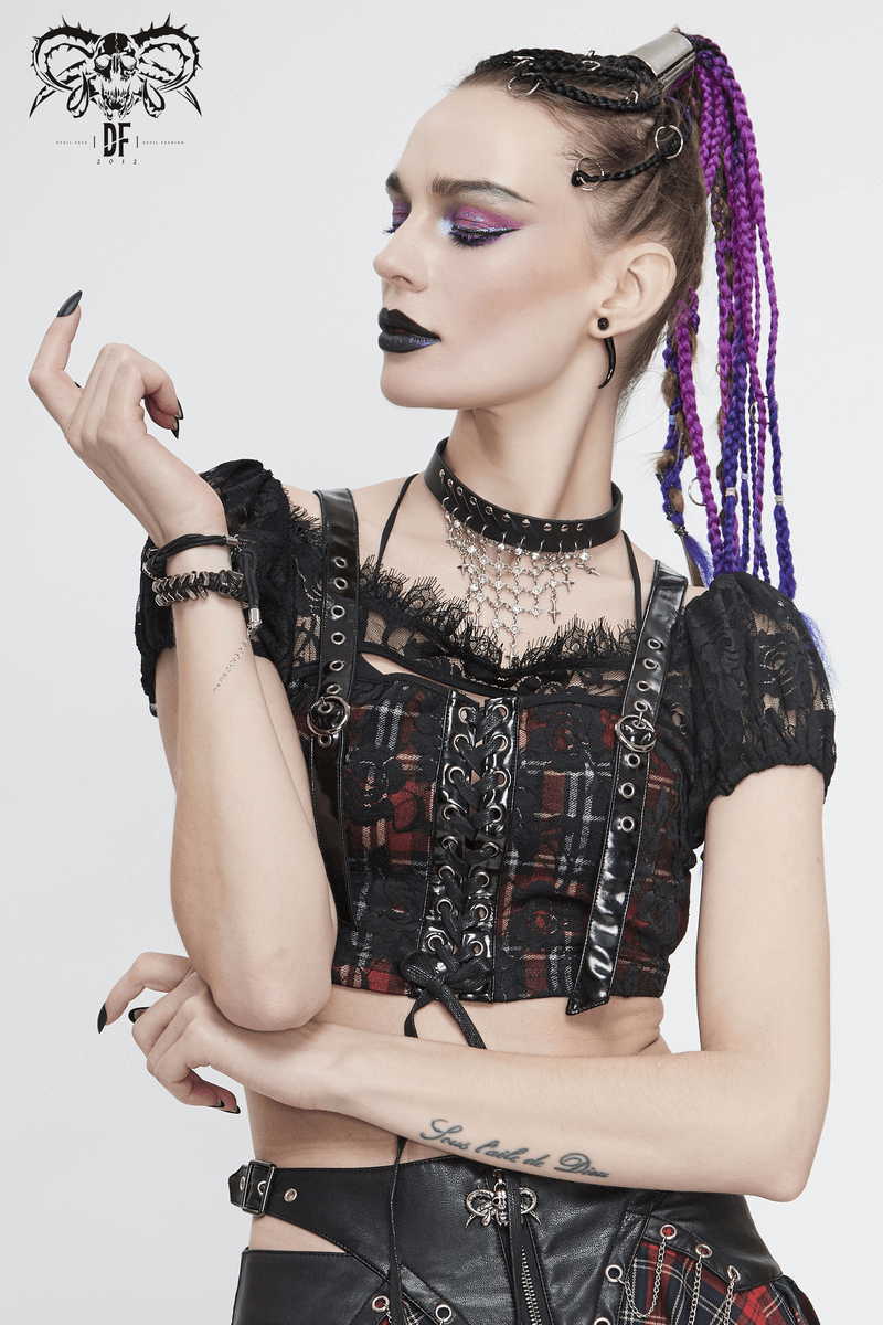 Gothic Women's Black & Red Plaid Crop Top / Stylish Lace Floral Pattern Short Sleeve Tops