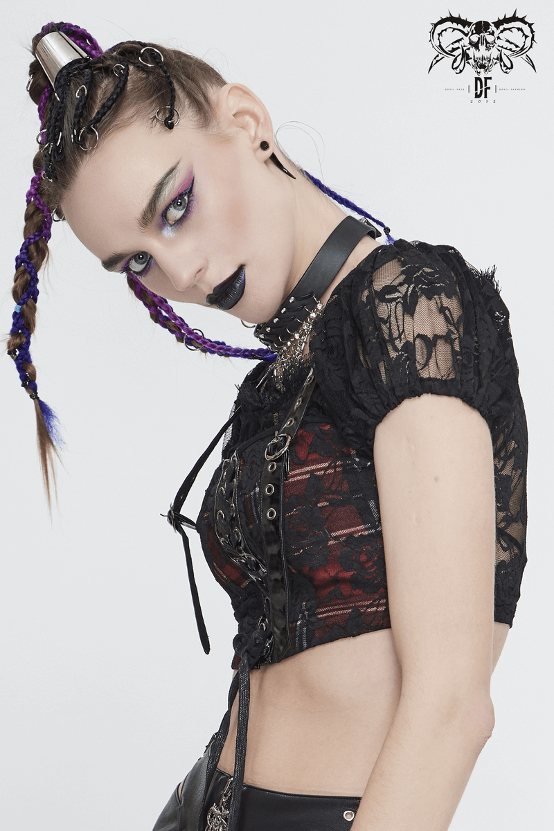 Gothic Women's Black & Red Plaid Crop Top / Stylish Lace Floral Pattern Short Sleeve Tops