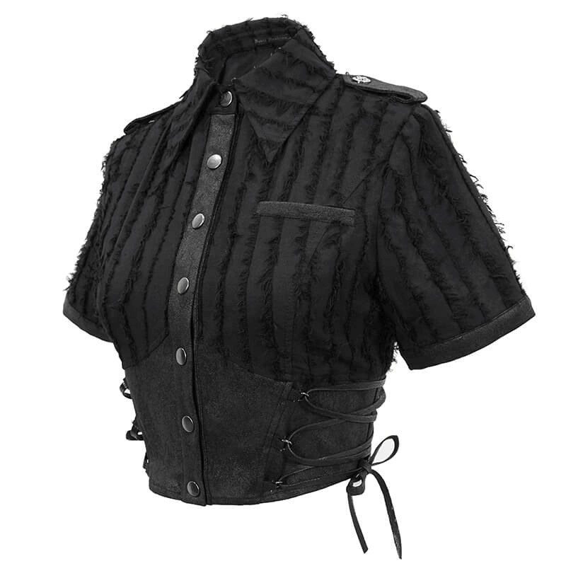 Gothic Women's Black Short Sleeve Blouse / Original Lady Turn-down Collar Short Shirt on Buttons