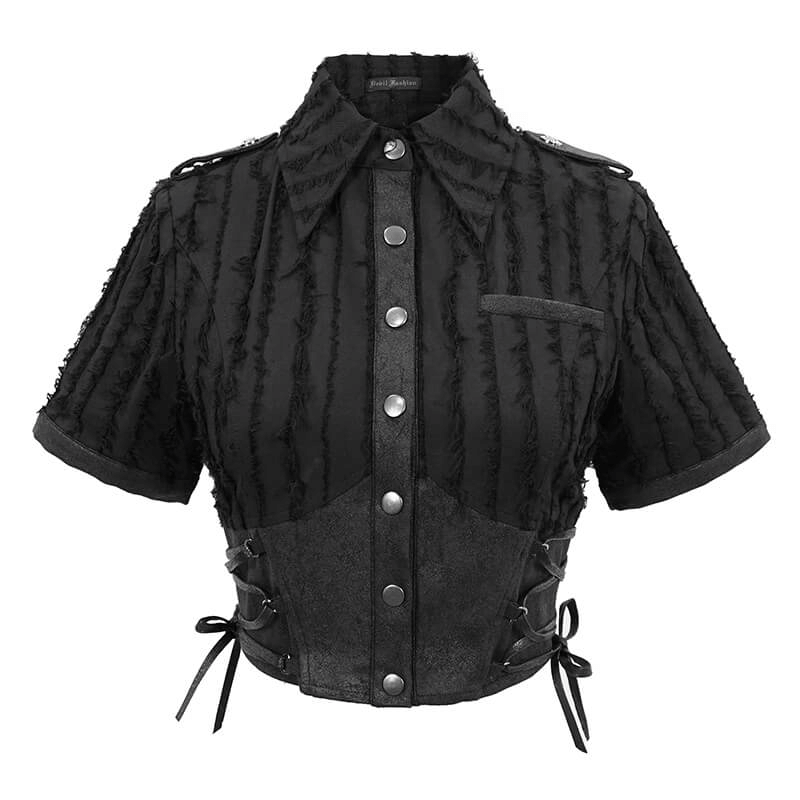 Gothic Women's Black Short Sleeve Blouse / Original Lady Turn-down Collar Short Shirt on Buttons