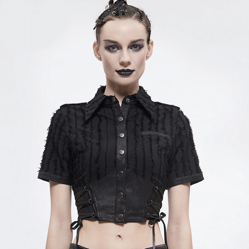 Gothic Women's Black Short Sleeve Blouse / Original Lady Turn-down Collar Short Shirt on Buttons
