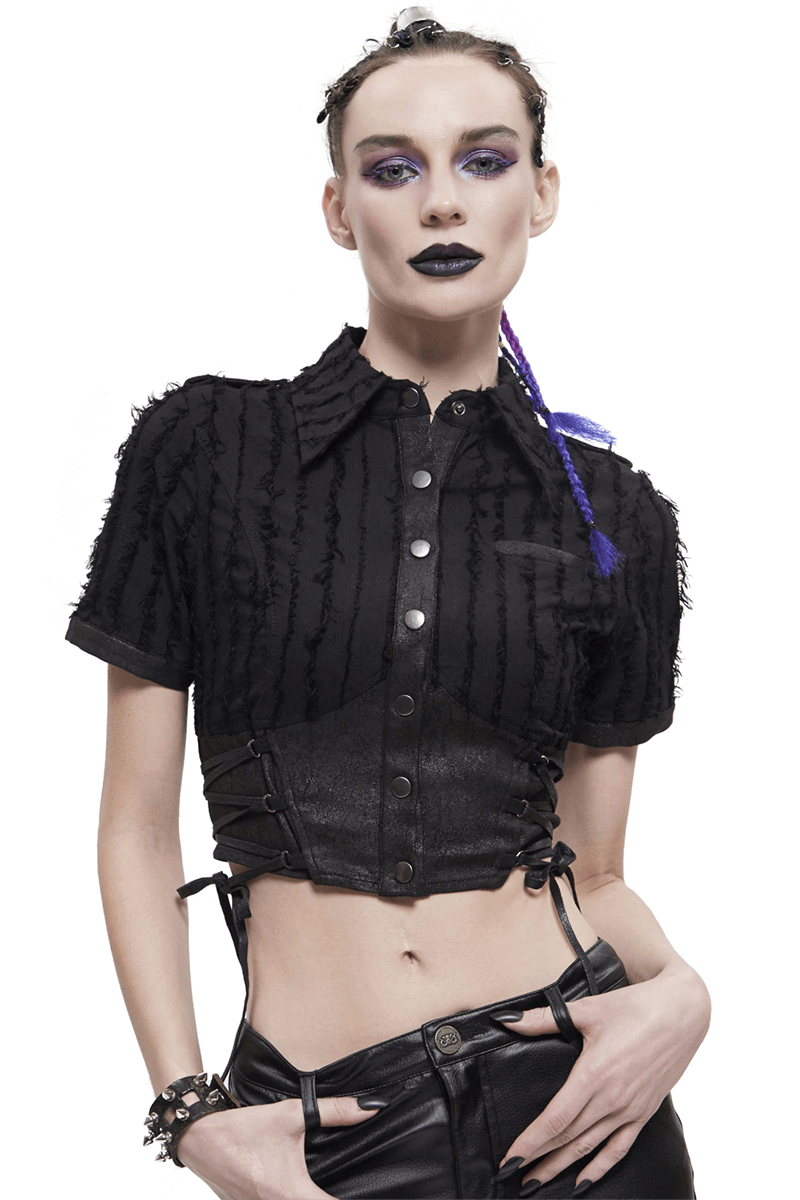 Gothic Women's Black Short Sleeve Blouse / Original Lady Turn-down Collar Short Shirt on Buttons