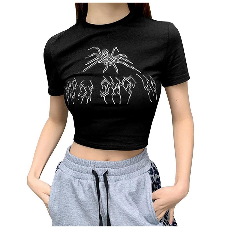 Gothic Women's Black Short Sleeve Top / Sexy Bodycon O neck Cropped T-shirts with Spider Print
