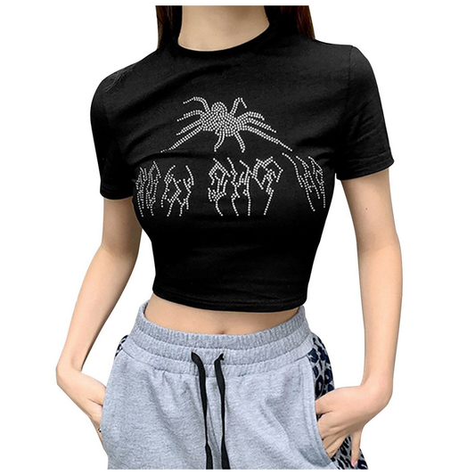 Gothic Women's Black Short Sleeve Top / Sexy Bodycon O neck Cropped T-shirts with Spider Print