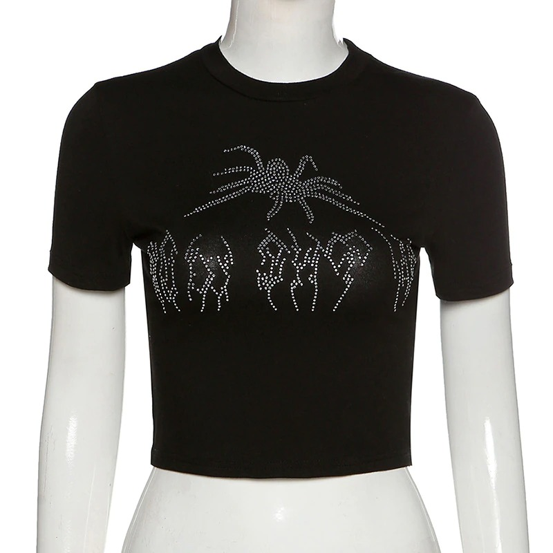 Gothic Women's Black Short Sleeve Top / Sexy Bodycon O neck Cropped T-shirts with Spider Print