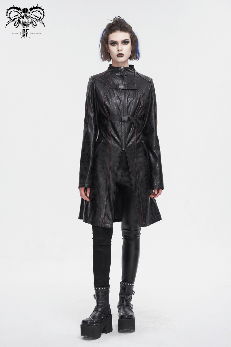 Gothic Women's Buckle Straps Faux Leather Mid-Length Coat