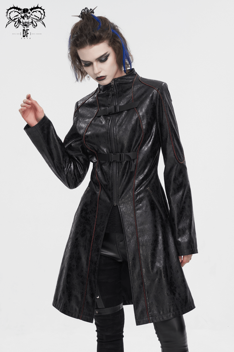 Gothic Women's Buckle Straps Faux Leather Mid-Length Coat