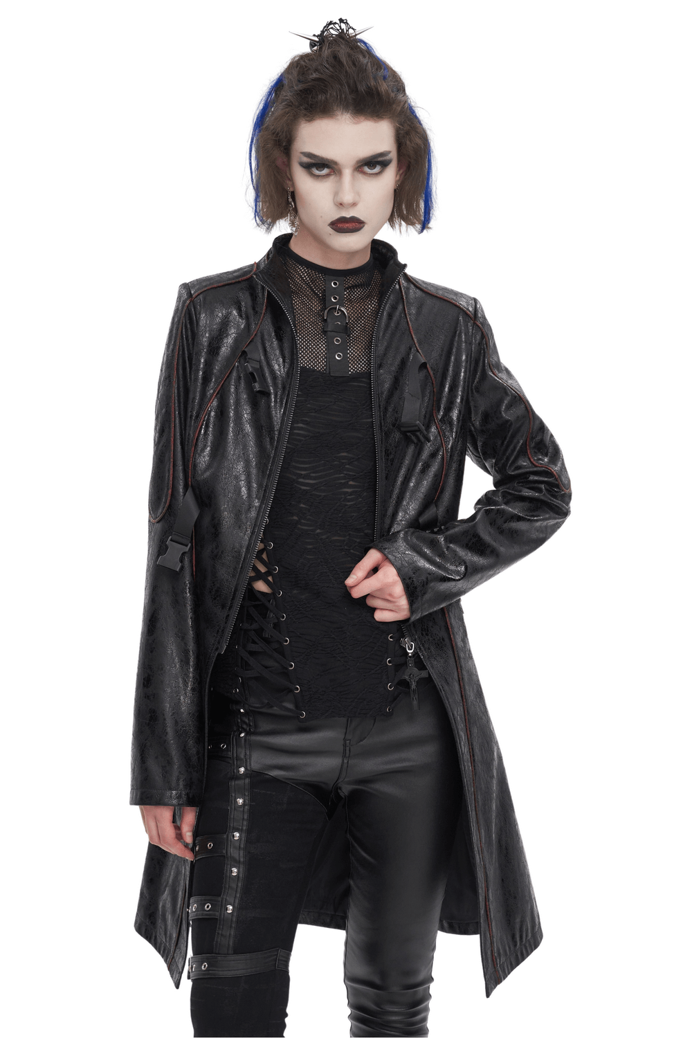 Gothic Women's Buckle Straps Faux Leather Mid-Length Coat