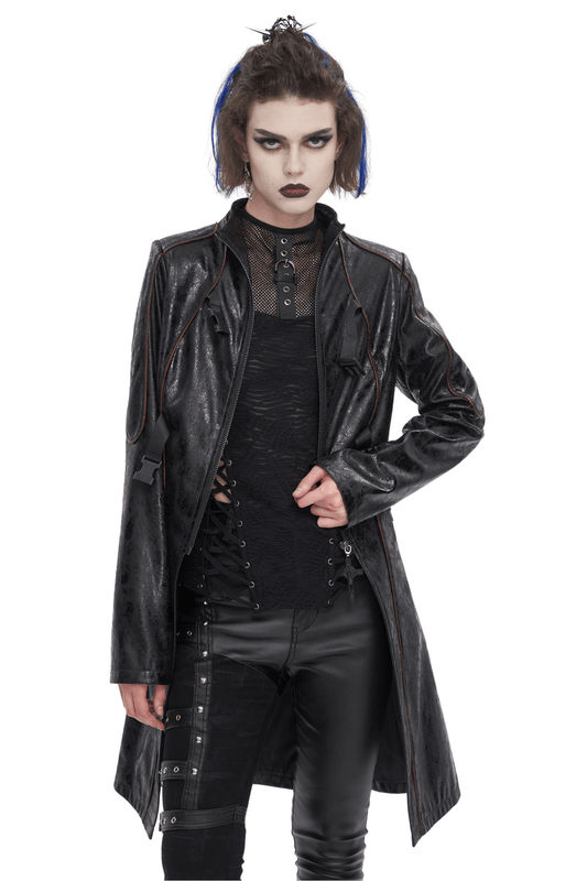 Gothic Women's Buckle Straps Faux Leather Mid-Length Coat