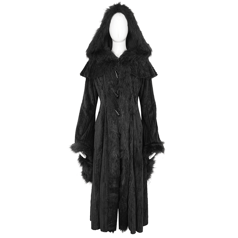Gothic Women's Flared Sleeved Fluffy Coat with Hood / Vintage Warm Long Cape Coat