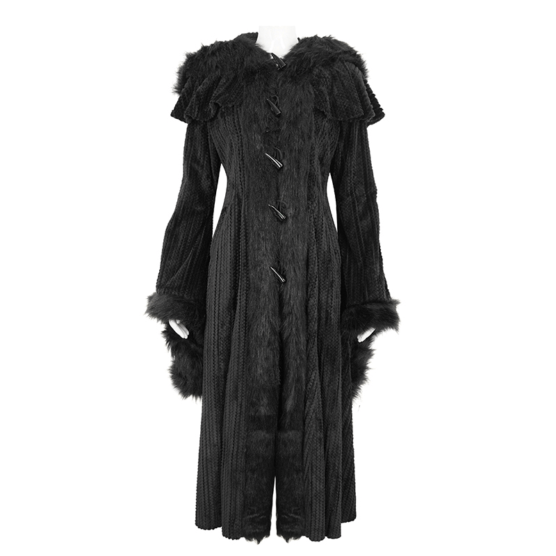 Gothic Women's Flared Sleeved Fluffy Coat with Hood / Vintage Warm Long Cape Coat