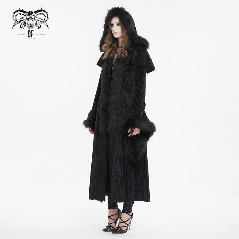 Gothic Women's Flared Sleeved Fluffy Coat with Hood / Vintage Warm Long Cape Coat