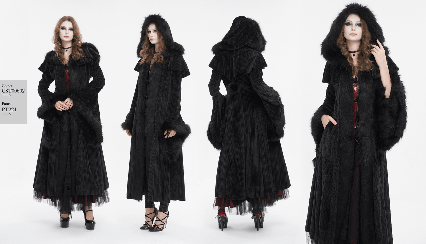 Gothic Women's Flared Sleeved Fluffy Coat with Hood / Vintage Warm Long Cape Coat