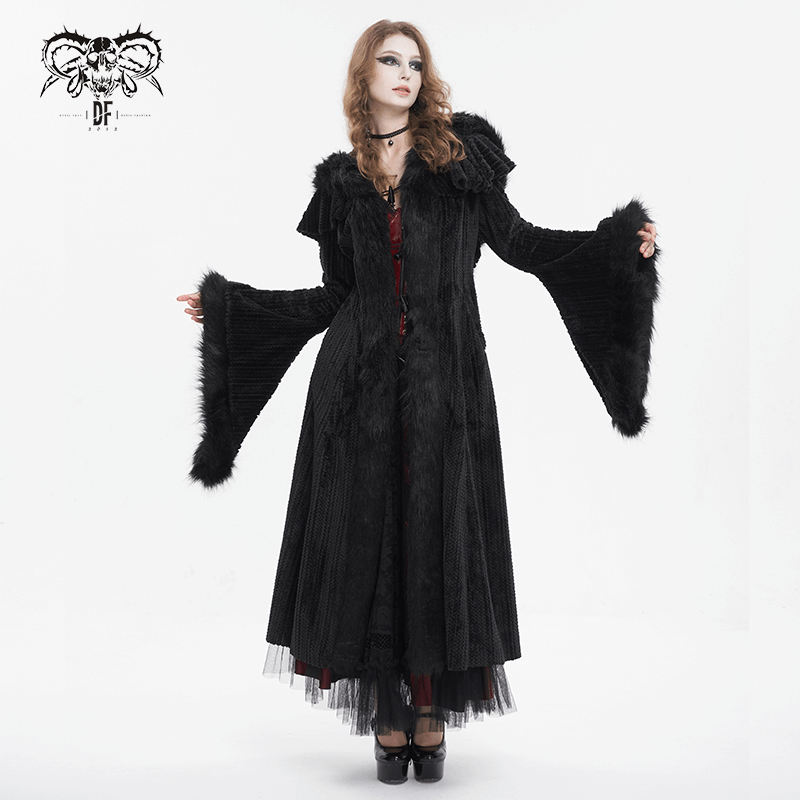 Gothic Women's Flared Sleeved Fluffy Coat with Hood / Vintage Warm Long Cape Coat