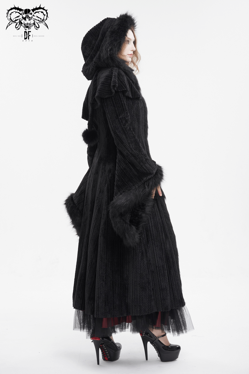 Gothic Women's Flared Sleeved Fluffy Coat with Hood / Vintage Warm Long Cape Coat