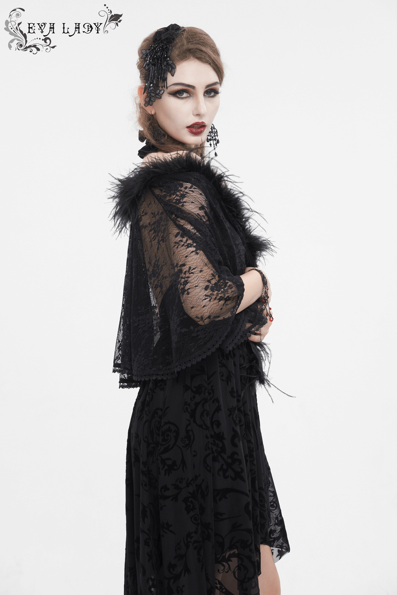 Gothic Women's Floral Lace Pattern Cape with Irregular Fluffy Hem
