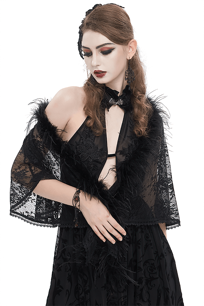 Gothic Women's Floral Lace Pattern Cape with Irregular Fluffy Hem
