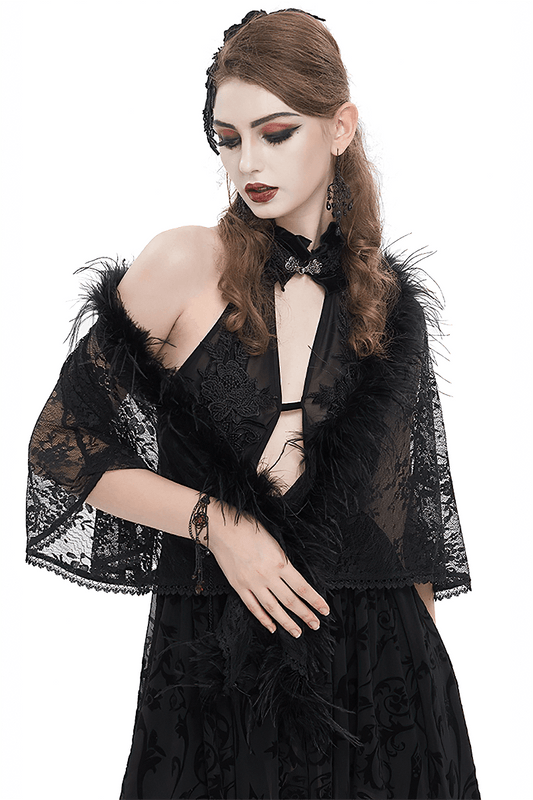 Gothic Women's Floral Lace Pattern Cape with Irregular Fluffy Hem