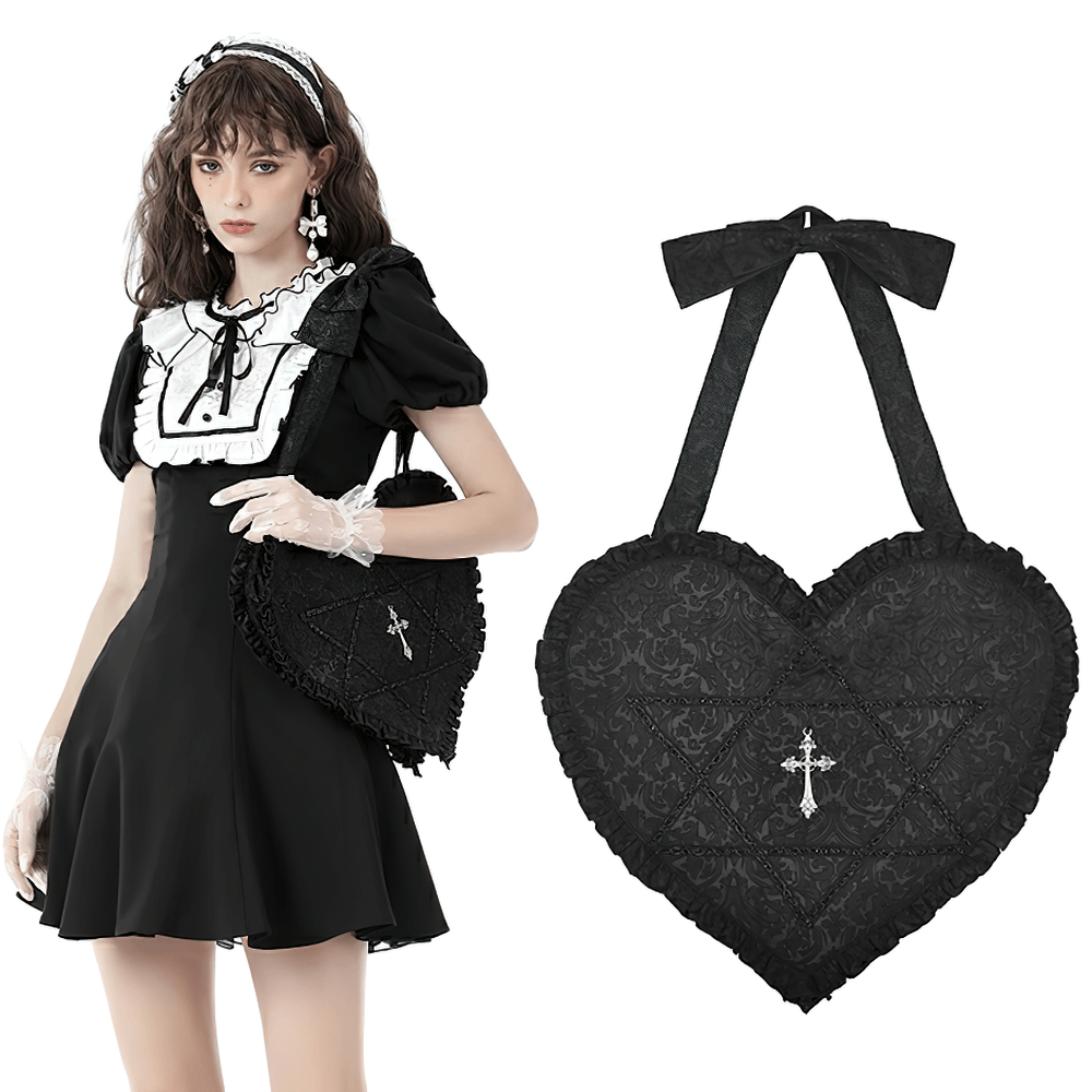 Gothic Women's Heart Shoulder Bag with Cross Detail