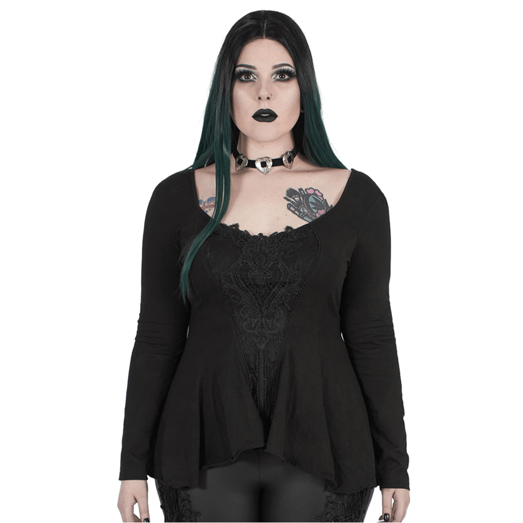 Gothic Women's Lace Accent Flared Sleeves Fitted Top
