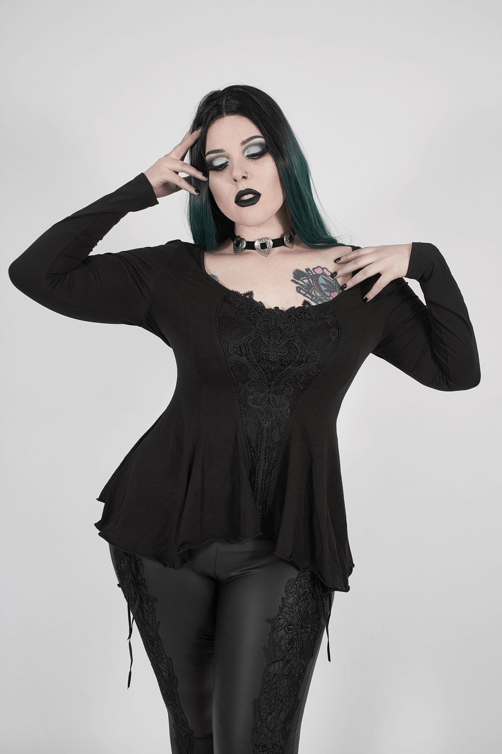 Gothic Women's Lace Accent Flared Sleeves Fitted Top