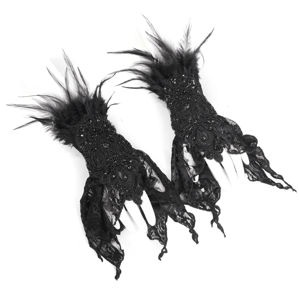 Gothic Women's Lace Fingerless Gloves with Feathers