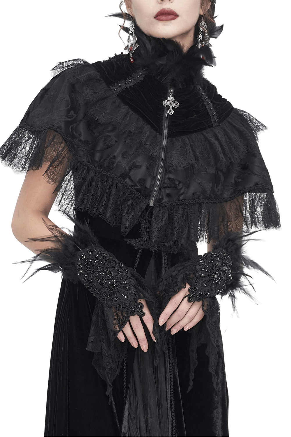 Gothic Women's Lace Fingerless Gloves with Feathers