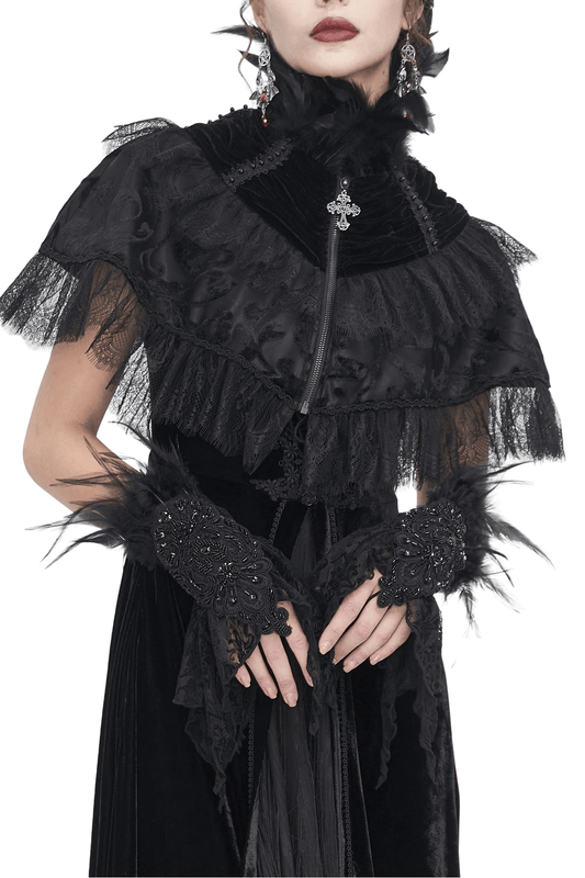 Gothic Women's Lace Fingerless Gloves with Feathers