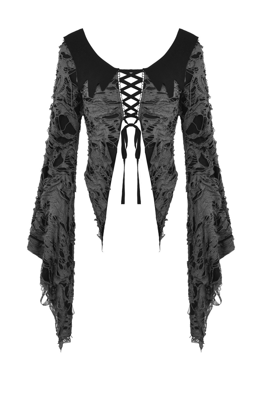 Gothic Women's Lace-Up Shredded Top with Bell Sleeves