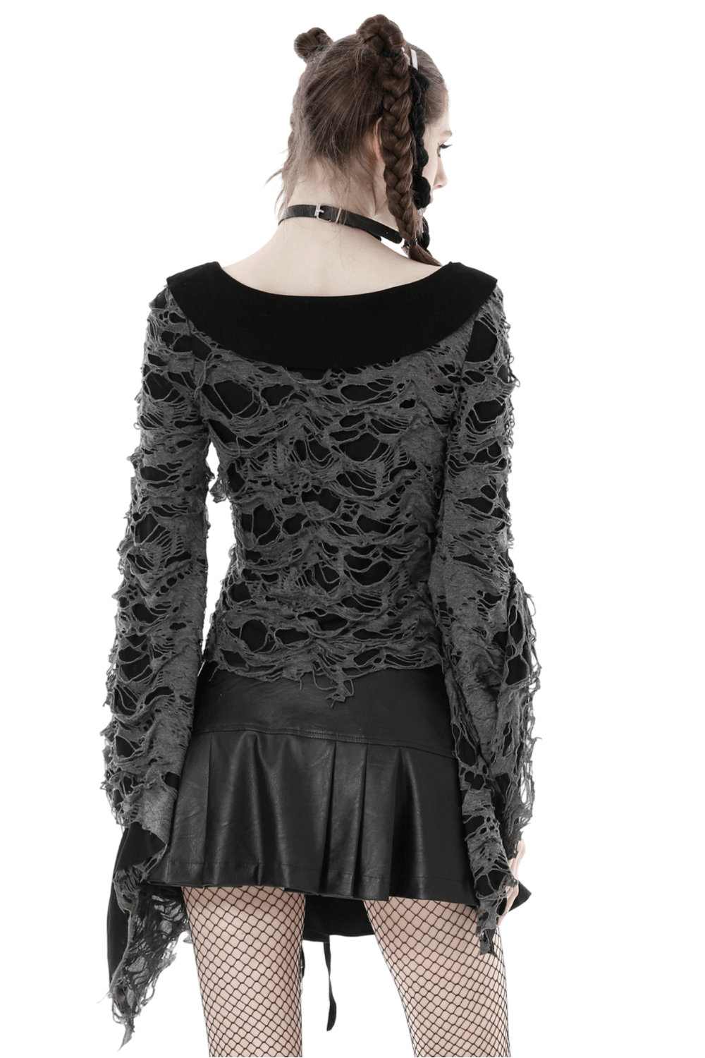 Gothic Women's Lace-Up Shredded Top with Bell Sleeves