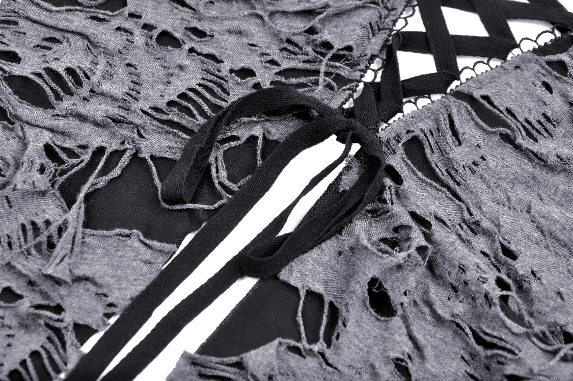 Gothic Women's Lace-Up Shredded Top with Bell Sleeves