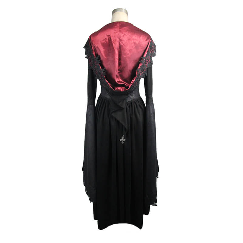 Gothic Women's Long Batwing Sleeve Coat / Elegant Black Red Coat with Lace and Hooded
