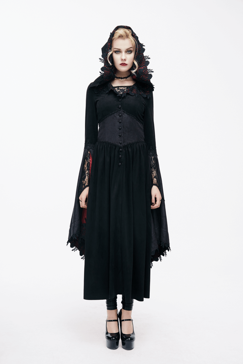 Gothic Women's Long Batwing Sleeve Coat / Elegant Black Red Coat with Lace and Hooded