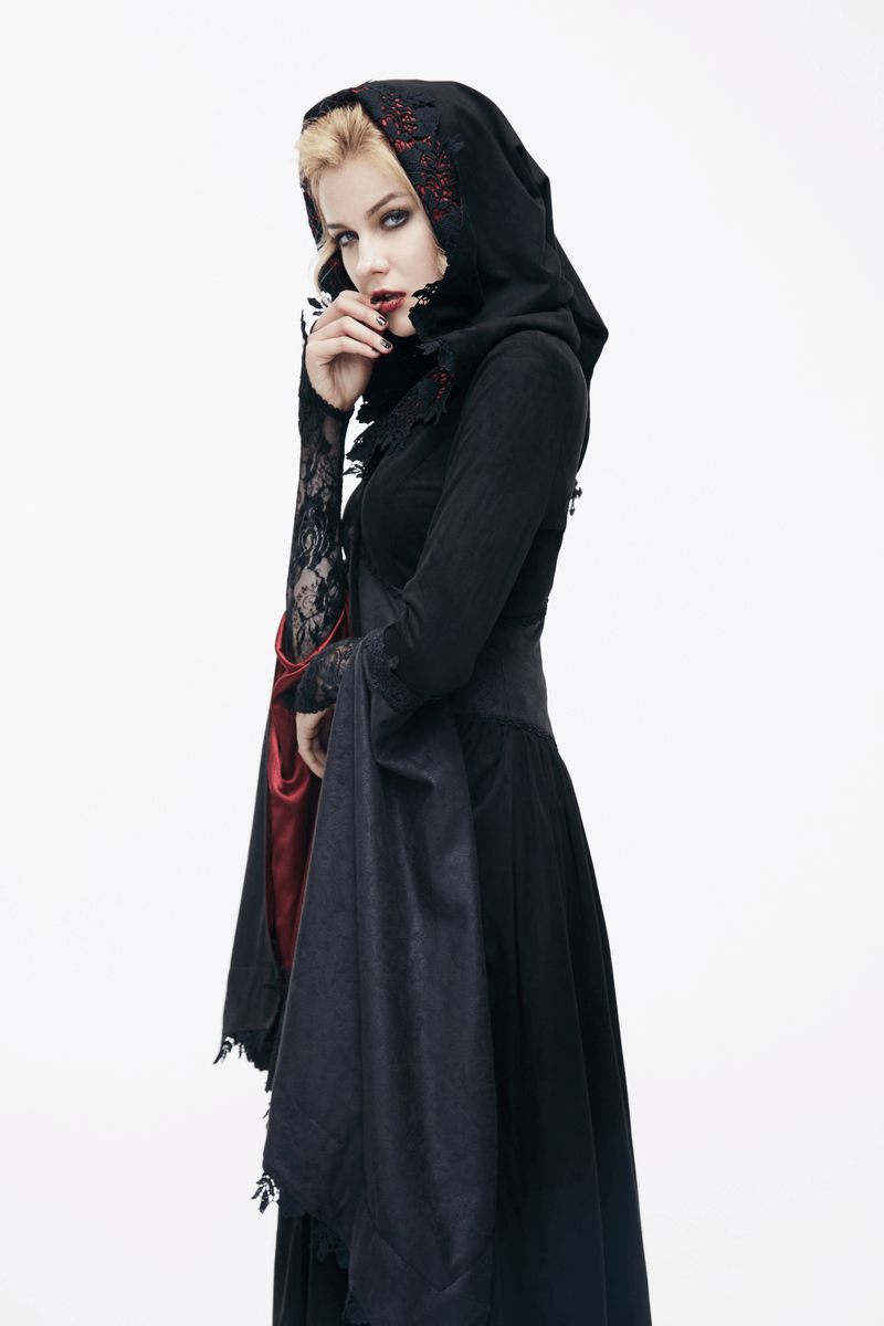 Gothic Women's Long Batwing Sleeve Coat / Elegant Black Red Coat with Lace and Hooded