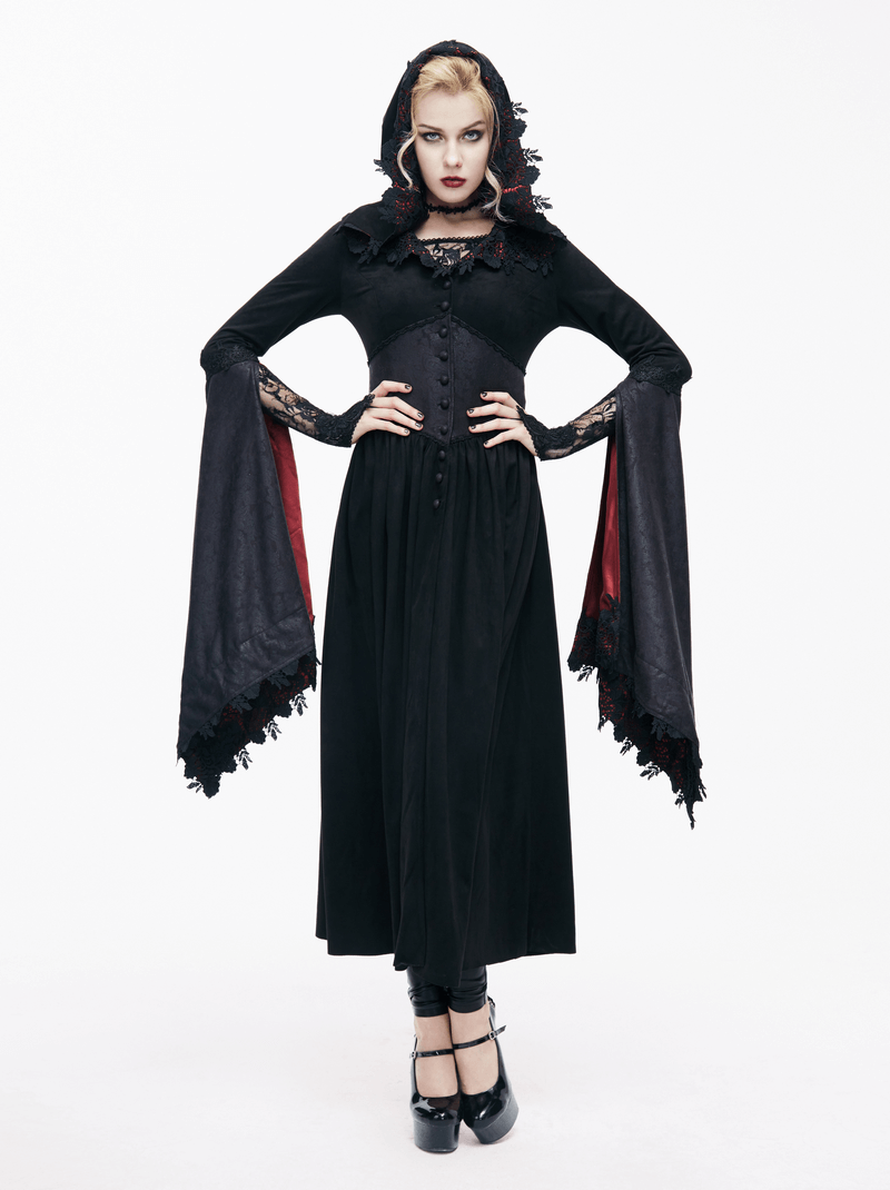 Gothic Women's Long Batwing Sleeve Coat / Elegant Black Red Coat with Lace and Hooded