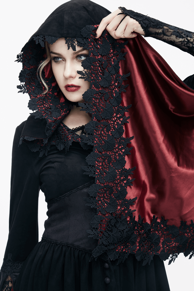 Gothic Women's Long Batwing Sleeve Coat / Elegant Black Red Coat with Lace and Hooded