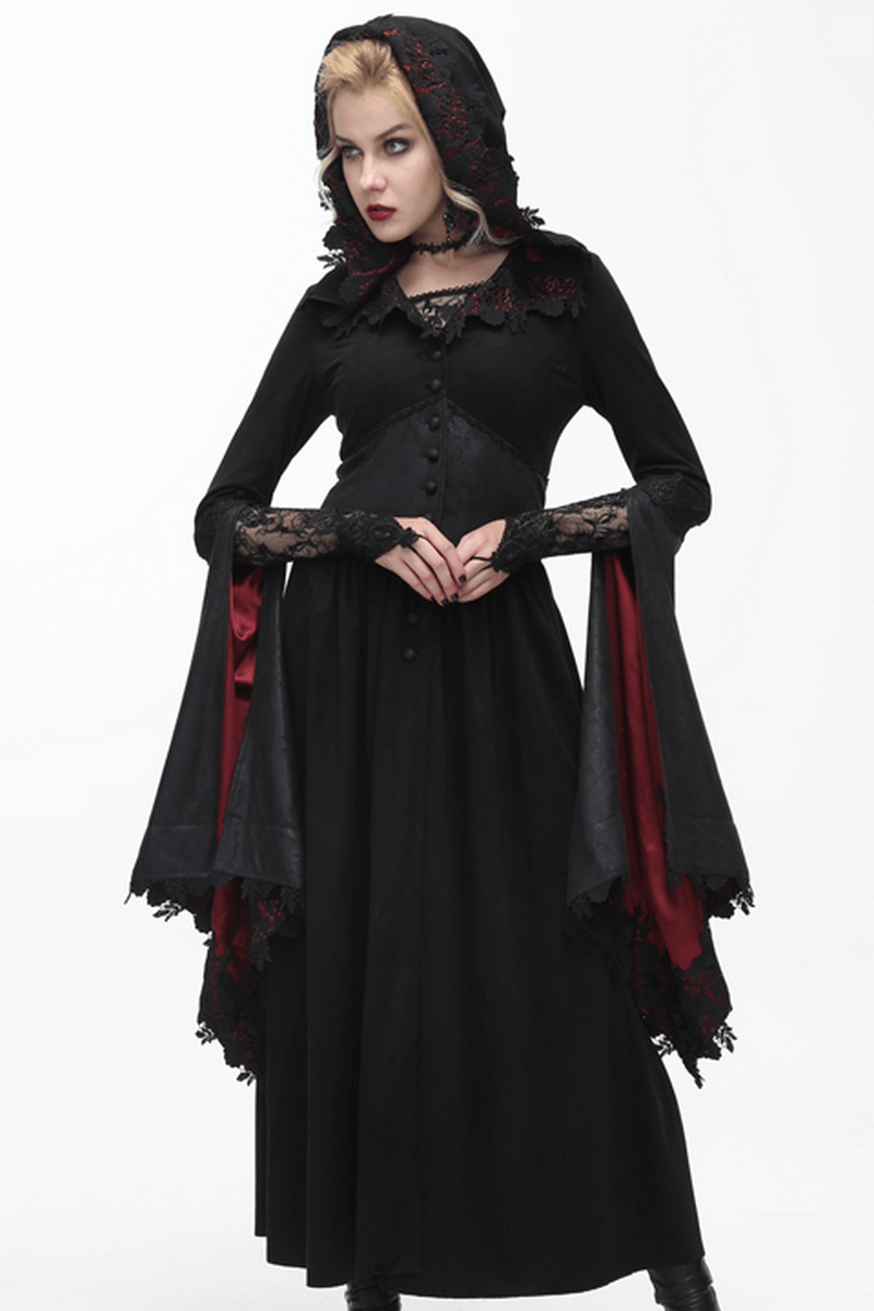 Gothic Women's Long Batwing Sleeve Coat / Elegant Black Red Coat with Lace and Hooded