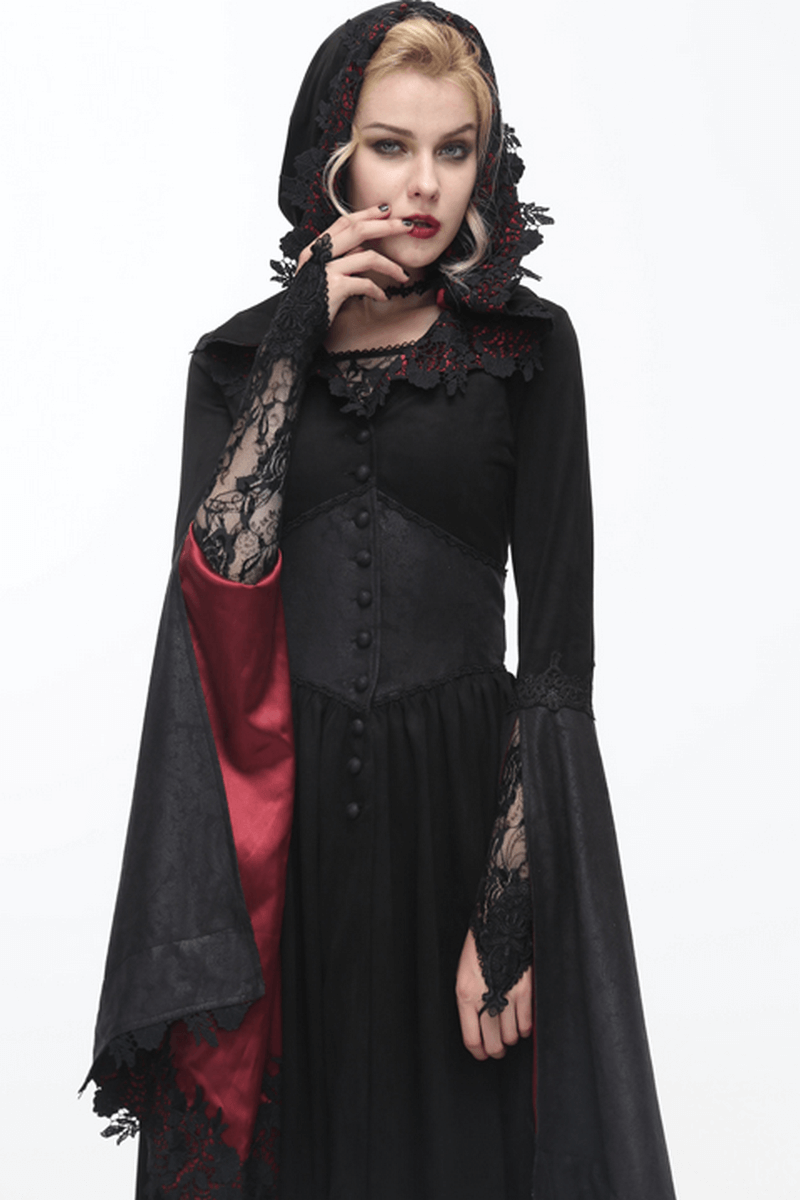 Gothic Women's Long Batwing Sleeve Coat / Elegant Black Red Coat with Lace and Hooded