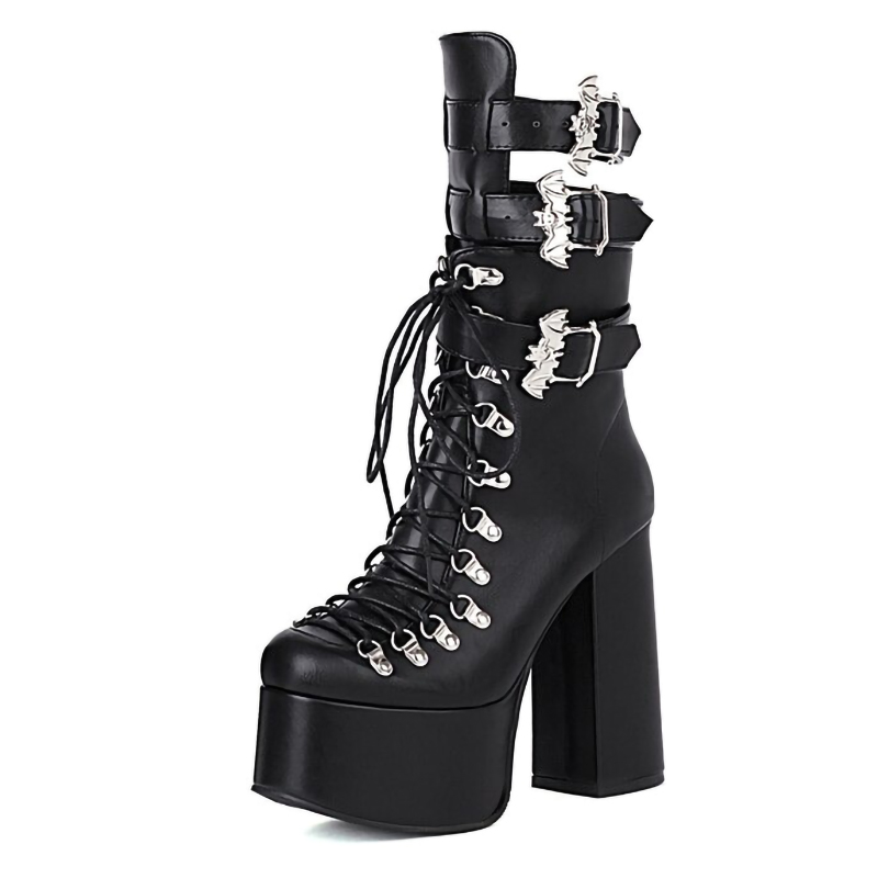 Gothic Women's Patent Leather Short Boots / Fashion High Heel Boots with Bat Buckle