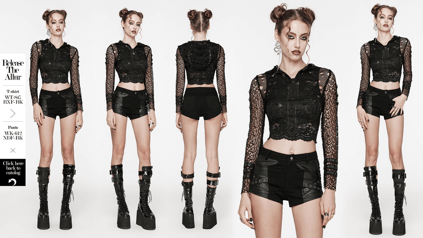 Gothic Women's Ripped Mesh and Lace Cropped Hoodie