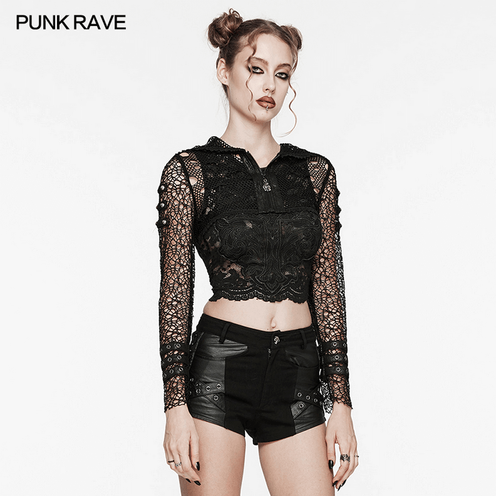 Gothic Women's Ripped Mesh and Lace Cropped Hoodie
