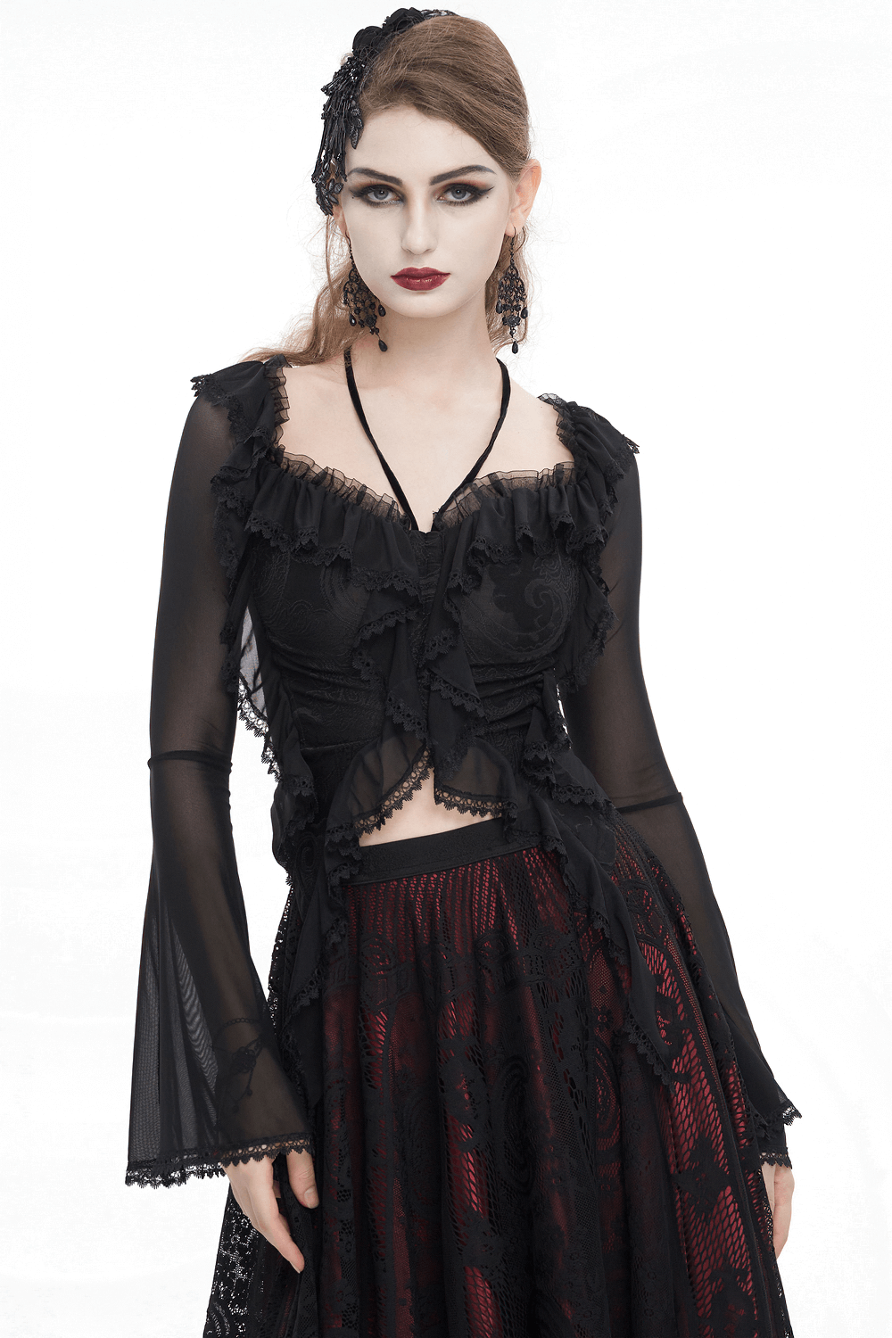 Gothic Women's Ruffled Top With Transparent Sleeves and Lace-Up on Back