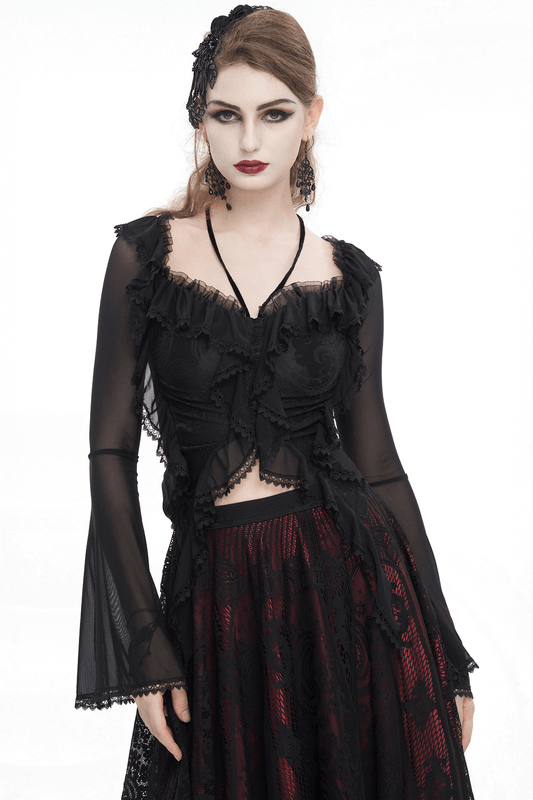 Gothic Women's Ruffled Top With Transparent Sleeves and Lace-Up on Back