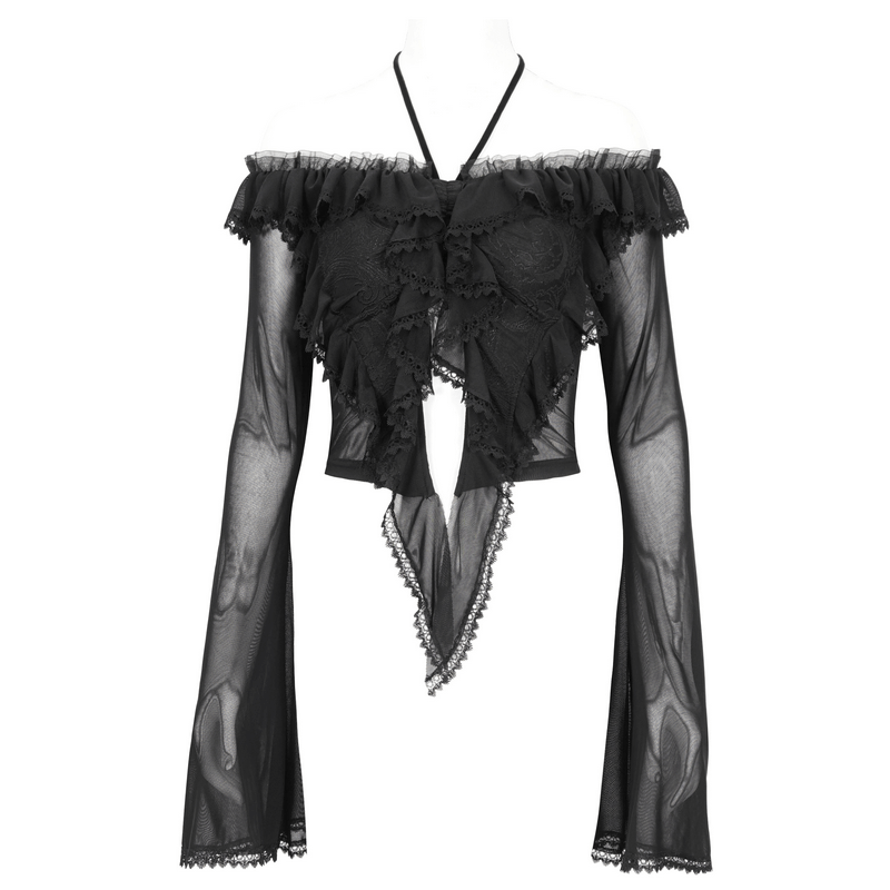 Gothic Women's Ruffled Top With Transparent Sleeves and Lace-Up on Back